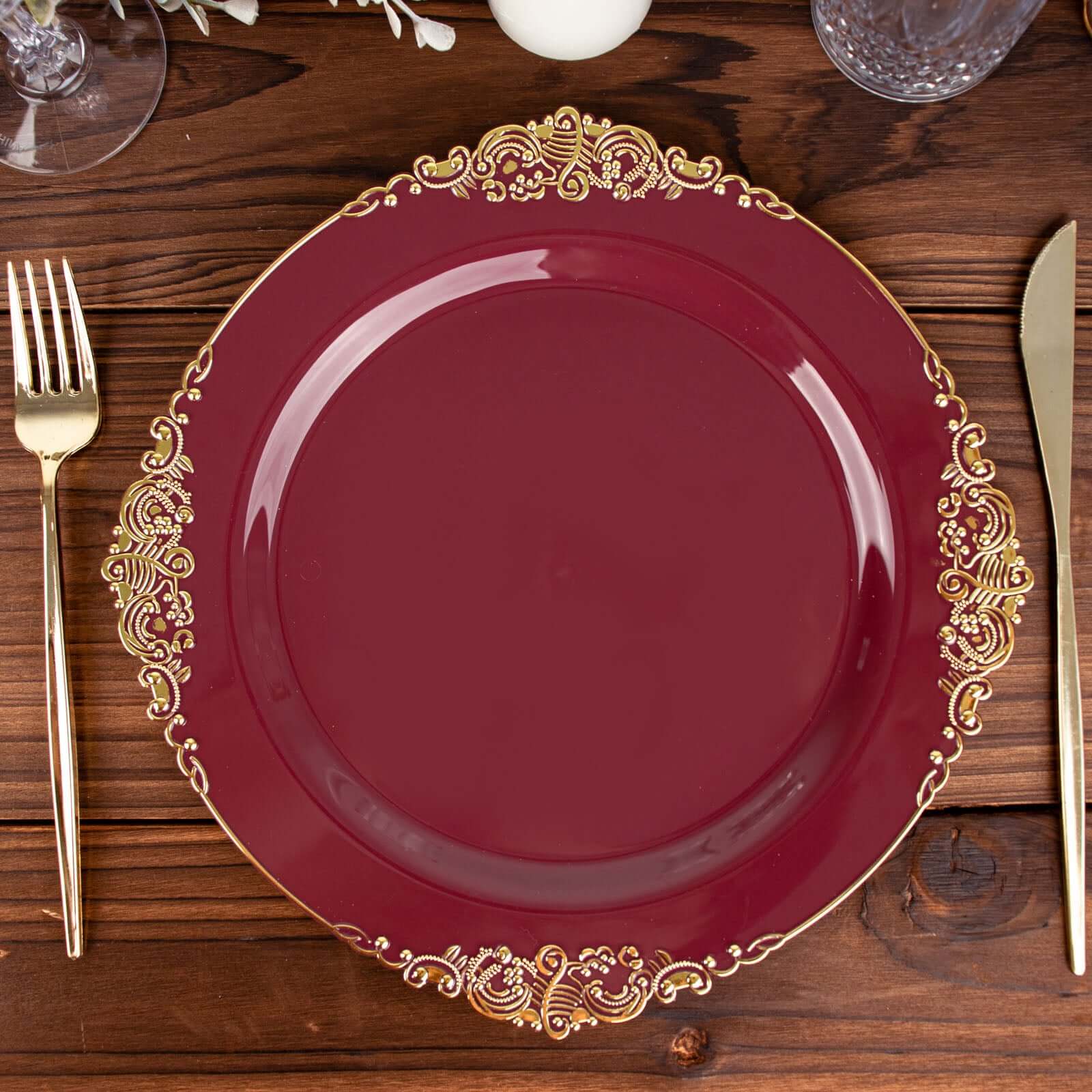 10-Pack Plastic 10" Round Dinner Plates in Burgundy with Gold Leaf Embossed Rim - Disposable Vintage Baroque Style Plates