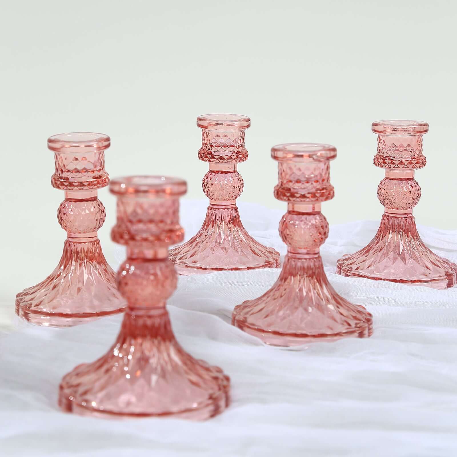6-Pack Glass Taper Candlestick Holders Diamond Pattern Design Dusty Rose - Reversible Crystal Pillar Votive Stands 4"