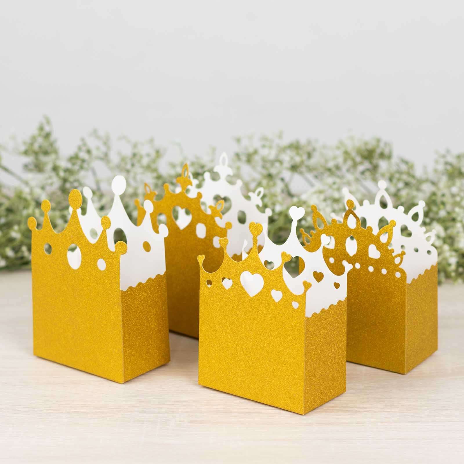 20-Pack Cardstock Favor Boxes Gold Glitter Princess Crown Design - Regal Fantasy Fairytale InspiredTreat Bags for Wedding Birthday Baby Shower Decorations 3.5"x 2"x 5"