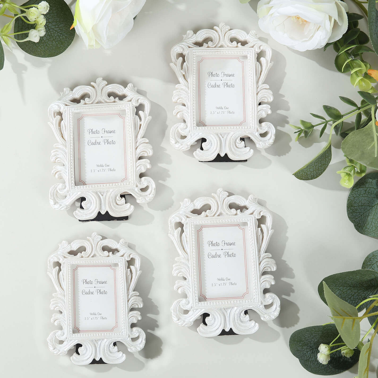 4-Pack Picture Frames White Resin Vintage Baroque Design Rectangle - Mini Photo Frame Wedding Place Card Holders & Party Favors 4"x3"