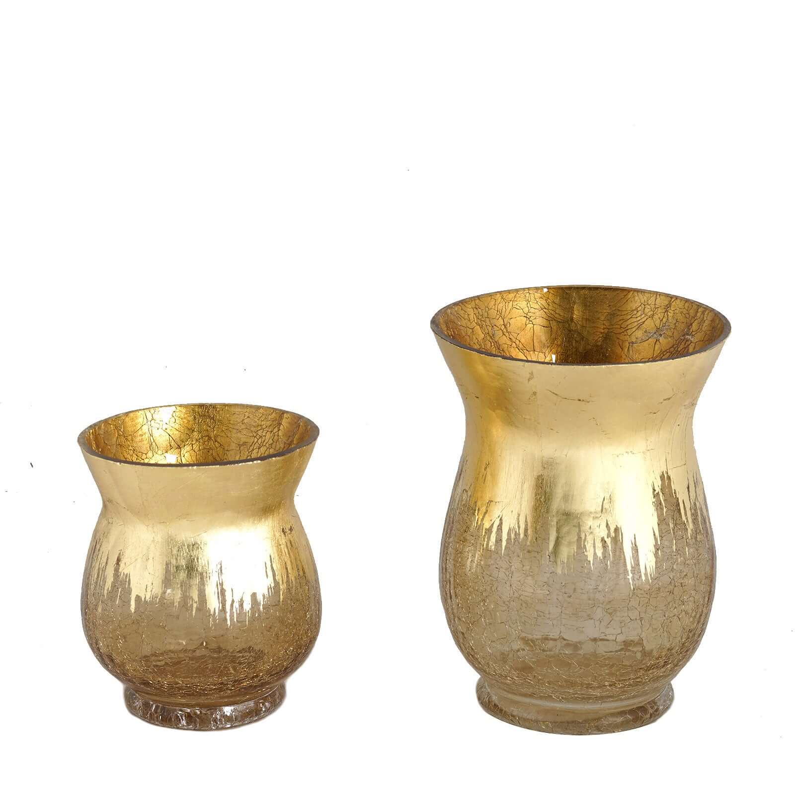 2-Pack Glass Hurricane Vases Bell Shaped Crackle Gold Curvy Design - Stylish Candle Holder Centerpieces 8"