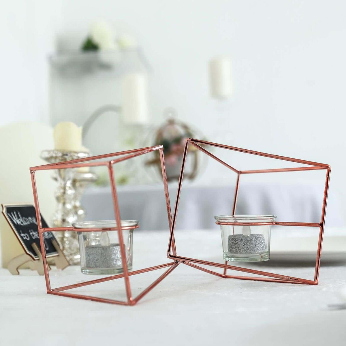 Set of Metal Candle Holders Linked Geometric Design Rose Gold - Chic Votive Glass Decor for Events & Gatherings 9"