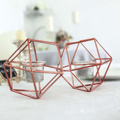 Set of Metal Candle Holders Linked Geometric Design Rose Gold - Modern Table Decor with Votive Glass for Gatherings 11"