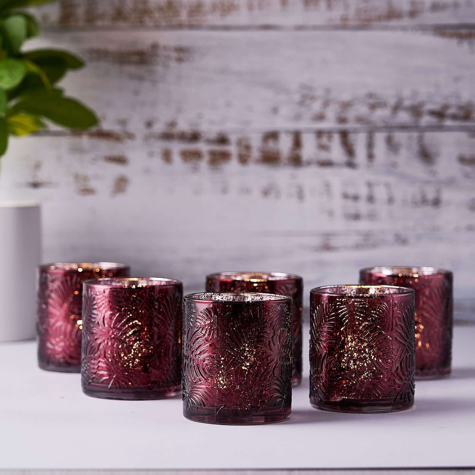 6-Pack Mercury Glass Candle Holders Burgundy Palm Leaf Design - Votive Tealight Holders for Events