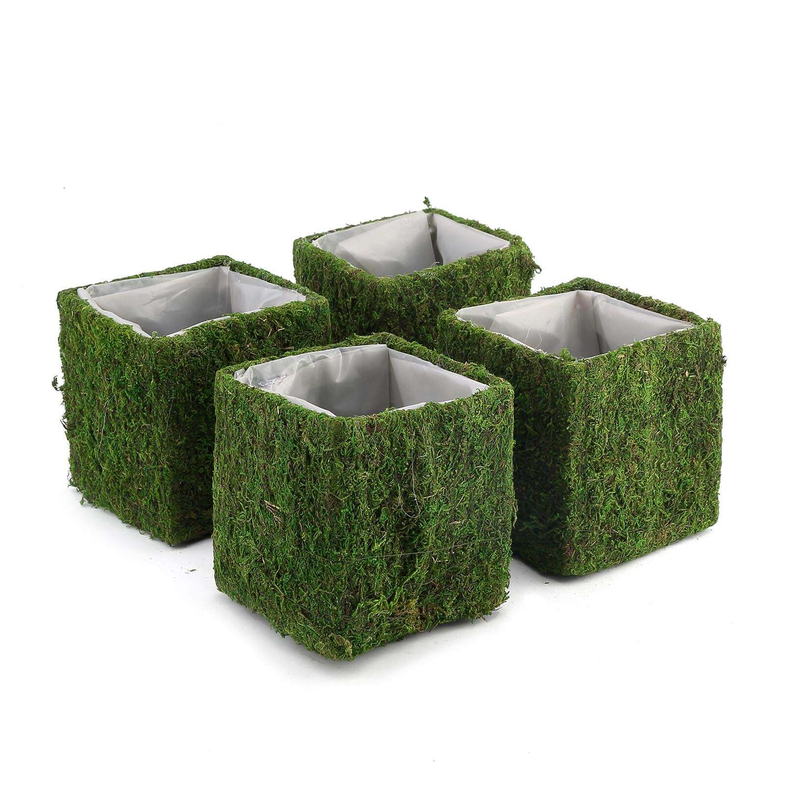 4-Pack Square Planter Boxes Covered with Inner Lining Green Preserved Moss - Flower Basket Centerpieces 6"