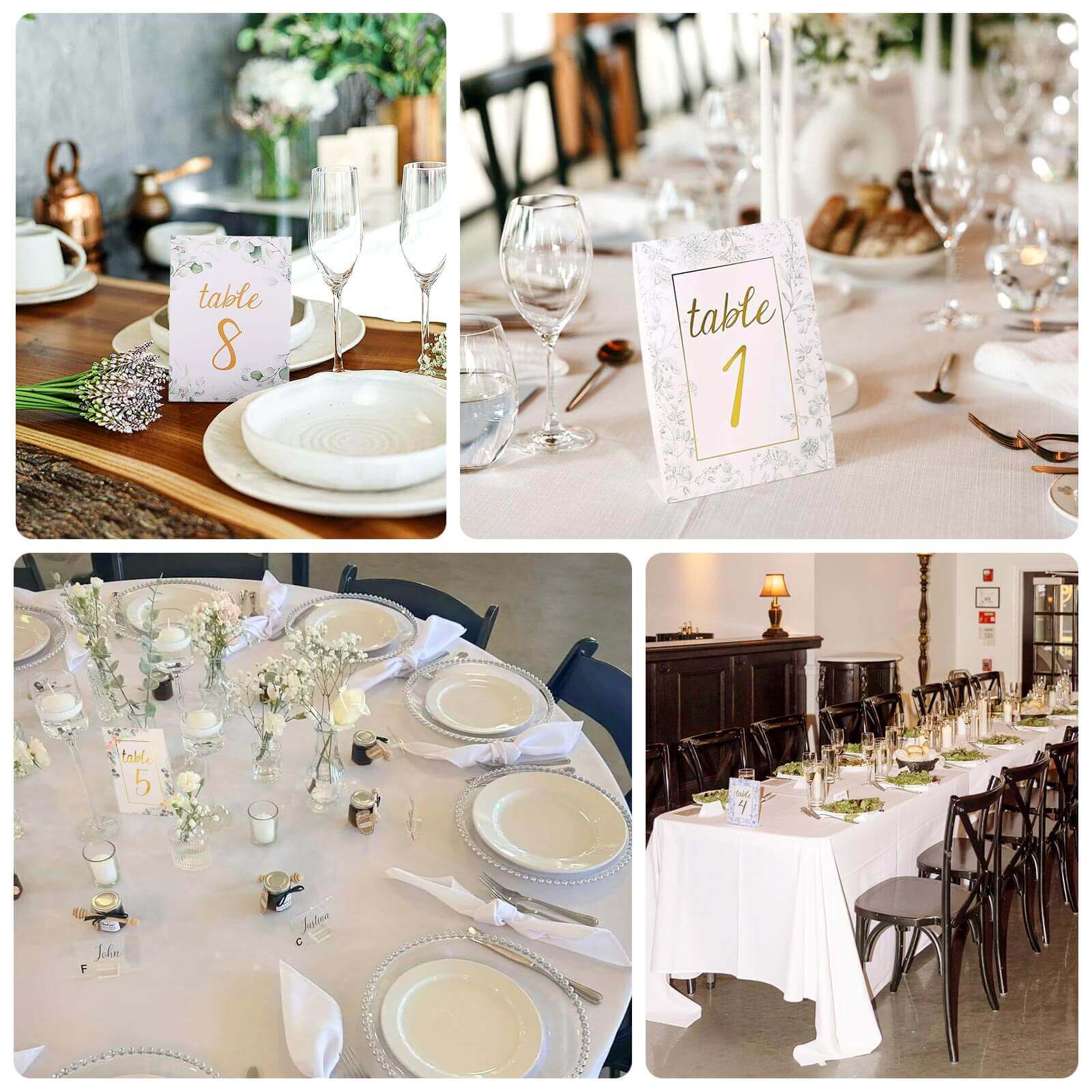 25-Pack Paper Wedding Table Numbers 1-25 White/Green Eucalyptus Leaves Design - Free Standing Double Sided Table Signs with Glam Gold Foil Numbers 7"