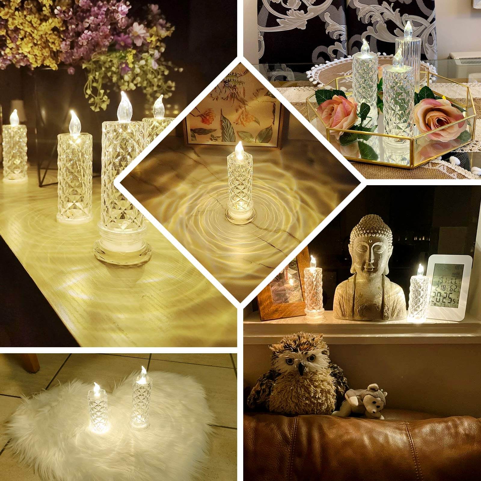 3-Pack LED Flameless Candle Lights Rose Halo Acrylic Diamond Pattern Warm White - Pillar Lamps 6"