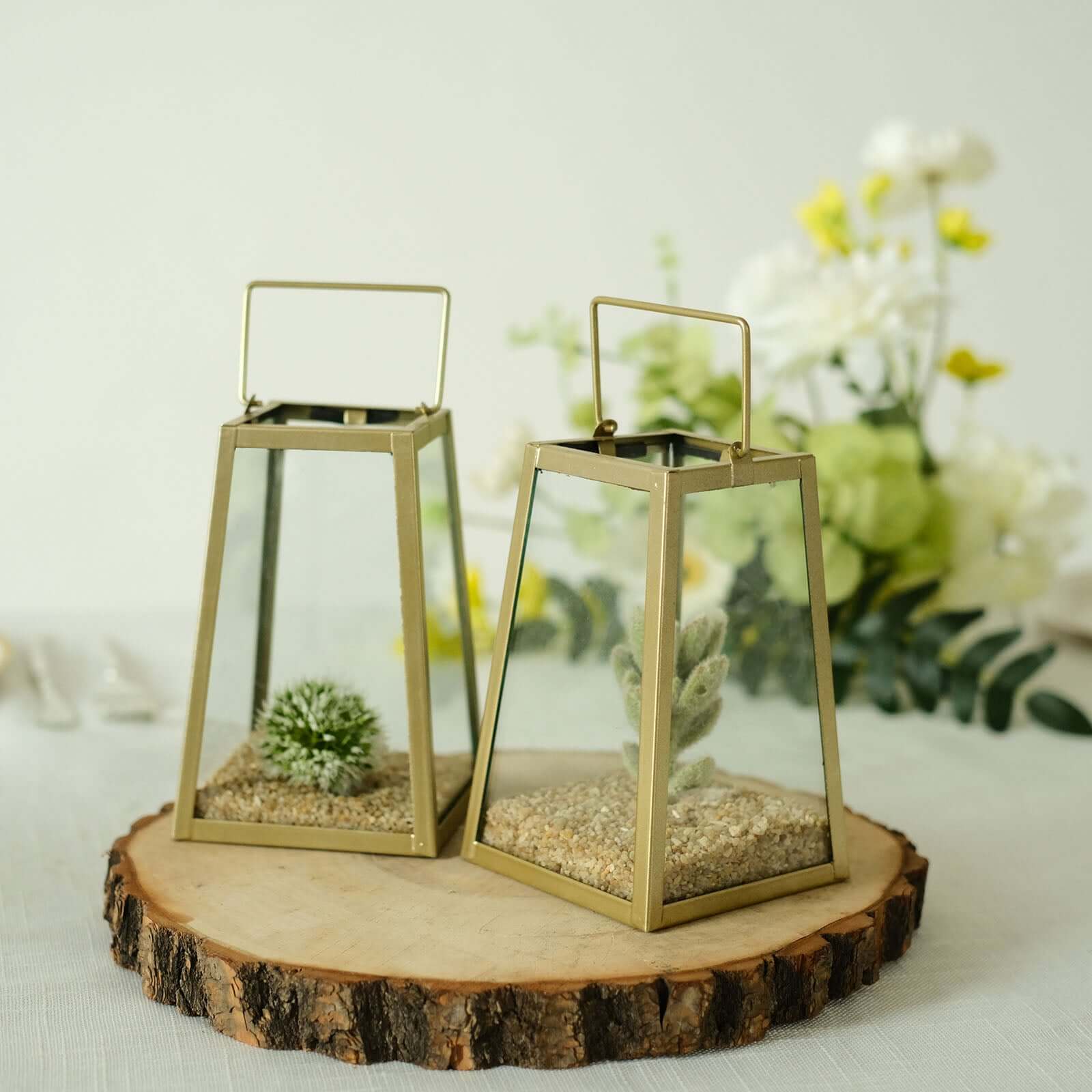 2-Pack Metal Candle Lanterns Trapezoid Geometric Design Gold - Hanging Terrariums Table Centerpieces for Indoor/Outdoor 6"