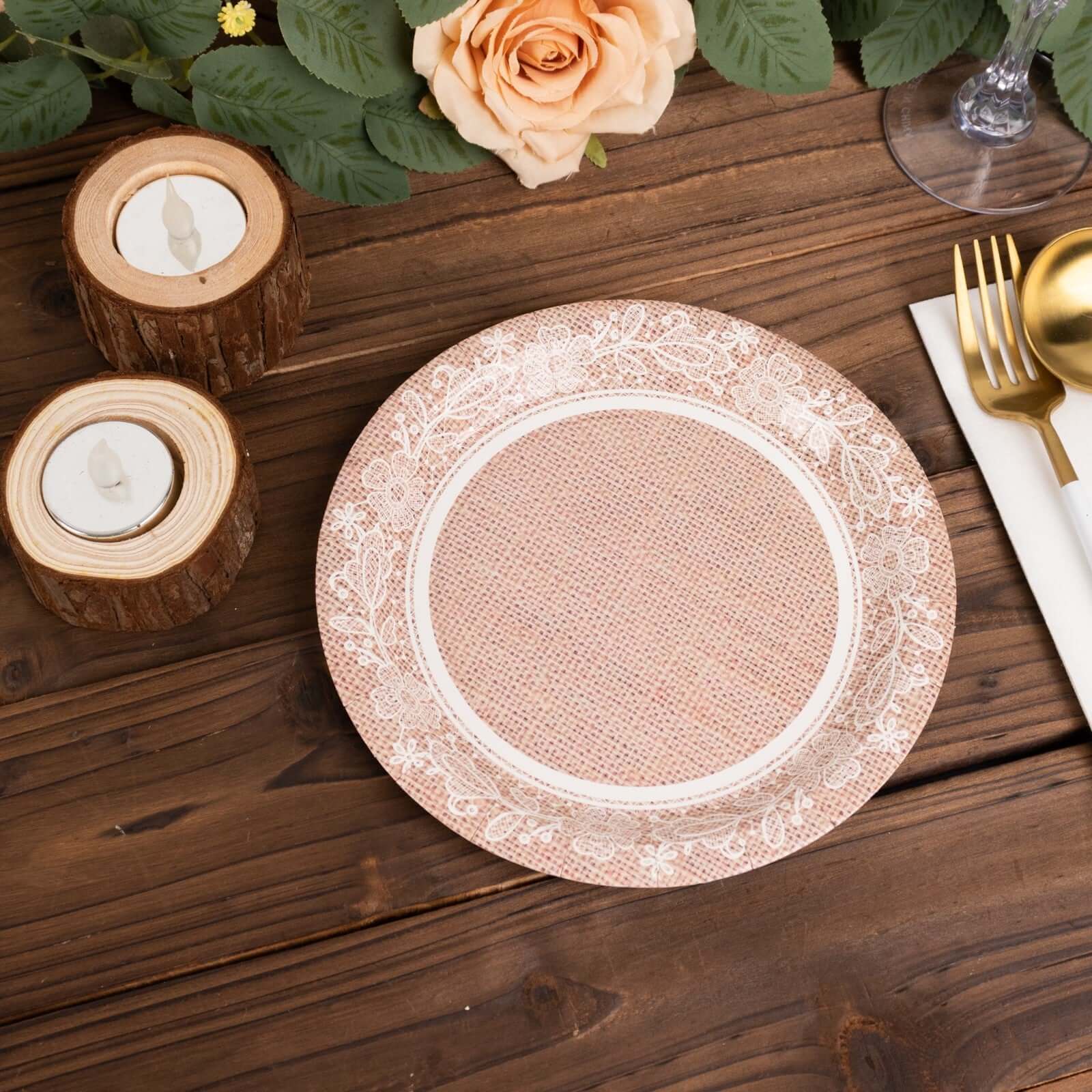 25-Pack Paper 7" Round Dessert Plates in Natural Burlap Print with Floral Lace Rim - Disposable Rustic Appetizer Salad Plates for Farmhouse Weddings & Celebrations