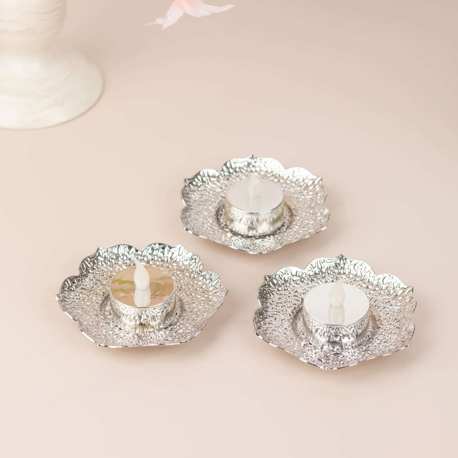 3-Pack Metal Votive Candle Holders Plum Blossom Design Shiny Silver - Vintage Mini Tea Cup Saucers 4"