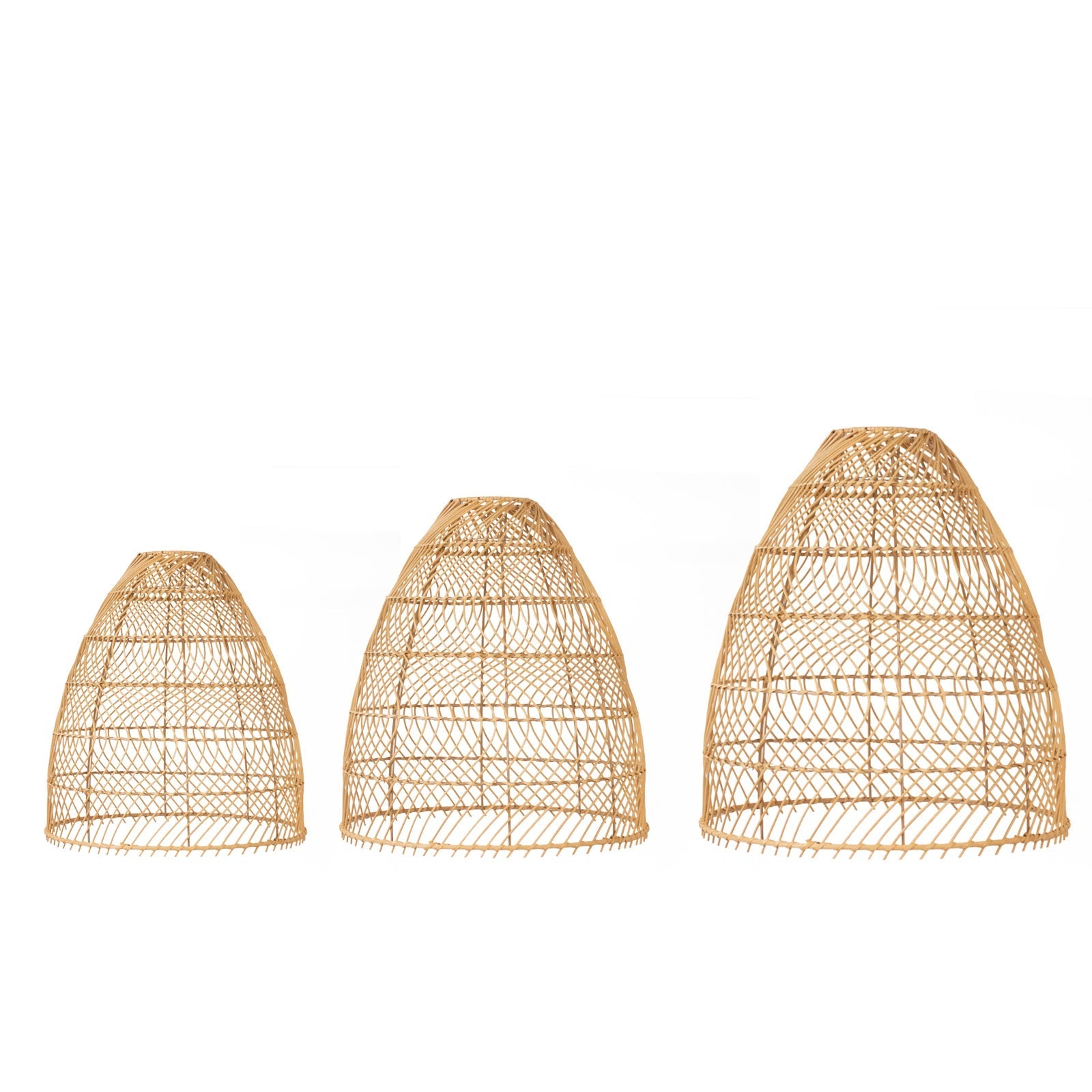 Boho Rattan Light Shades Set of 3 – Natural Woven Pendant Lamp Covers in Cone Shape – 16" 18" 20" – Ceiling Shades Only