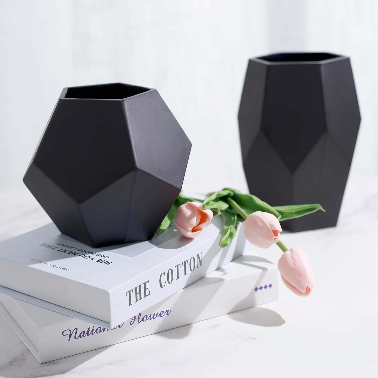 Set of 2 Glass Flower Vases Geometric Design Matte Black - Stylish Modern Candle Holder Centerpieces 5", 8"