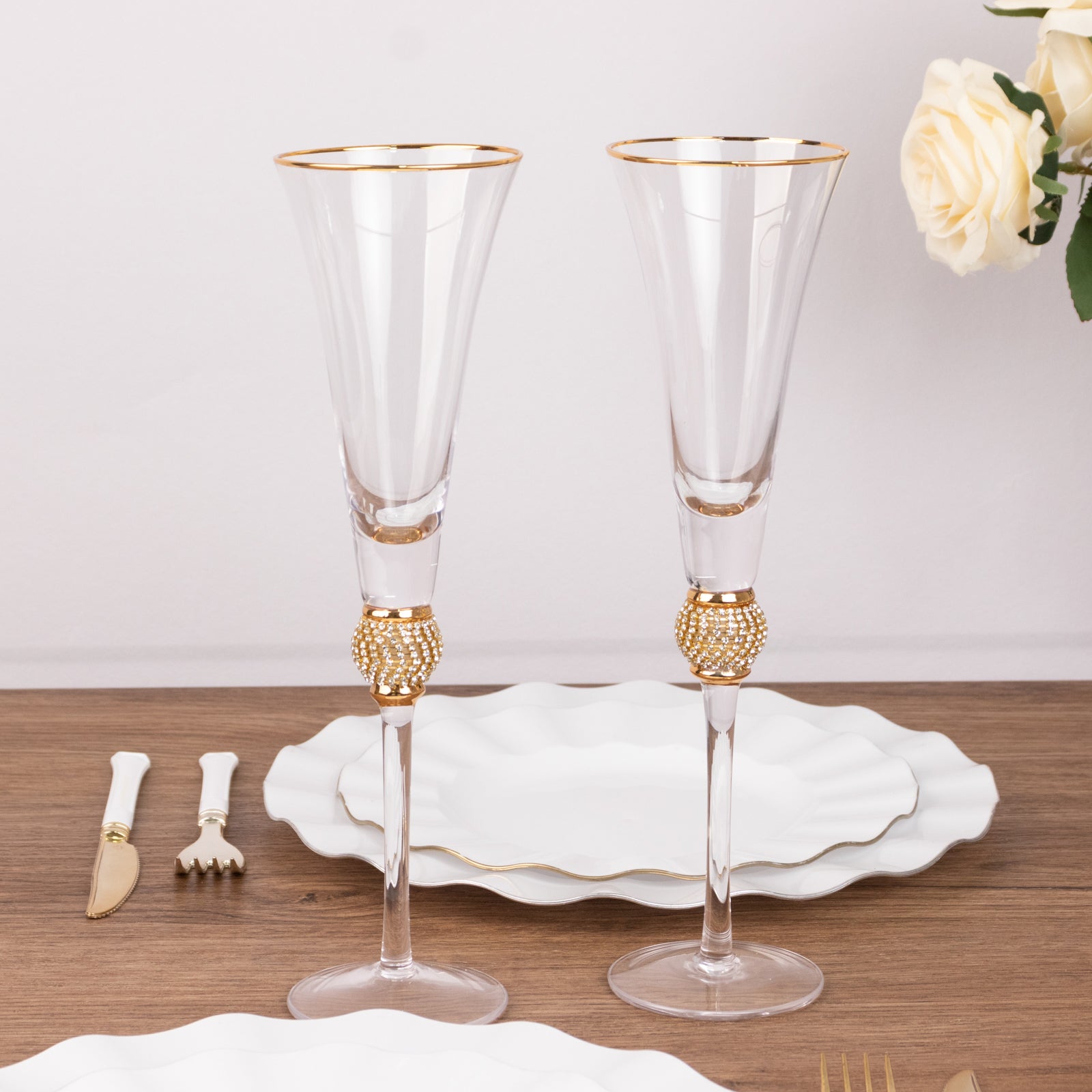 6-Pack Champagne Flute Glasses Clear Gold Rim Design with Studded Rhinestones - Long Stem Crystal Glassware for Wine & Events 6oz 11"