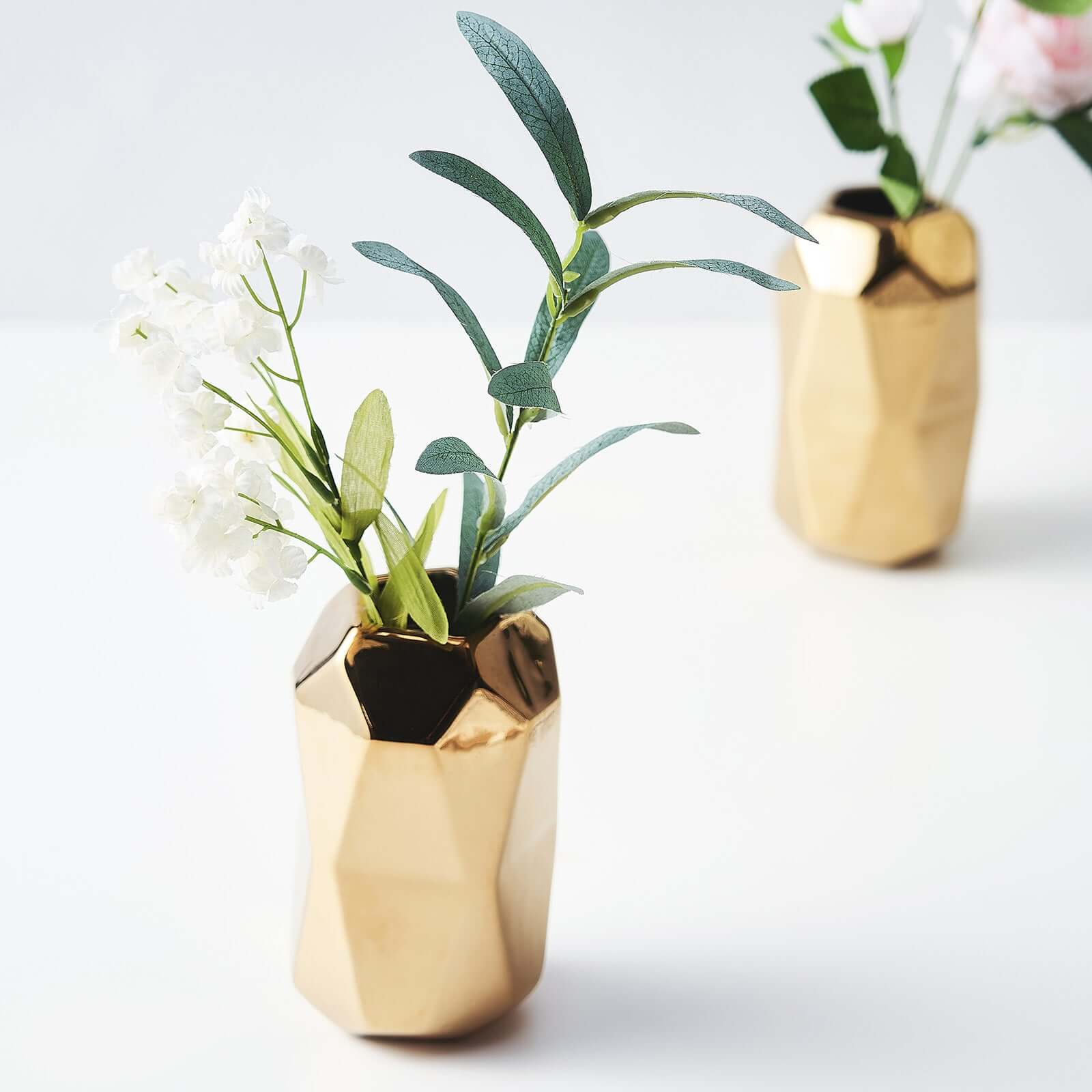 2-Pack Ceramic Cylinder Vases Metallic Gold Geometric - Stylish Modern Decor for Floral Arrangements 6"