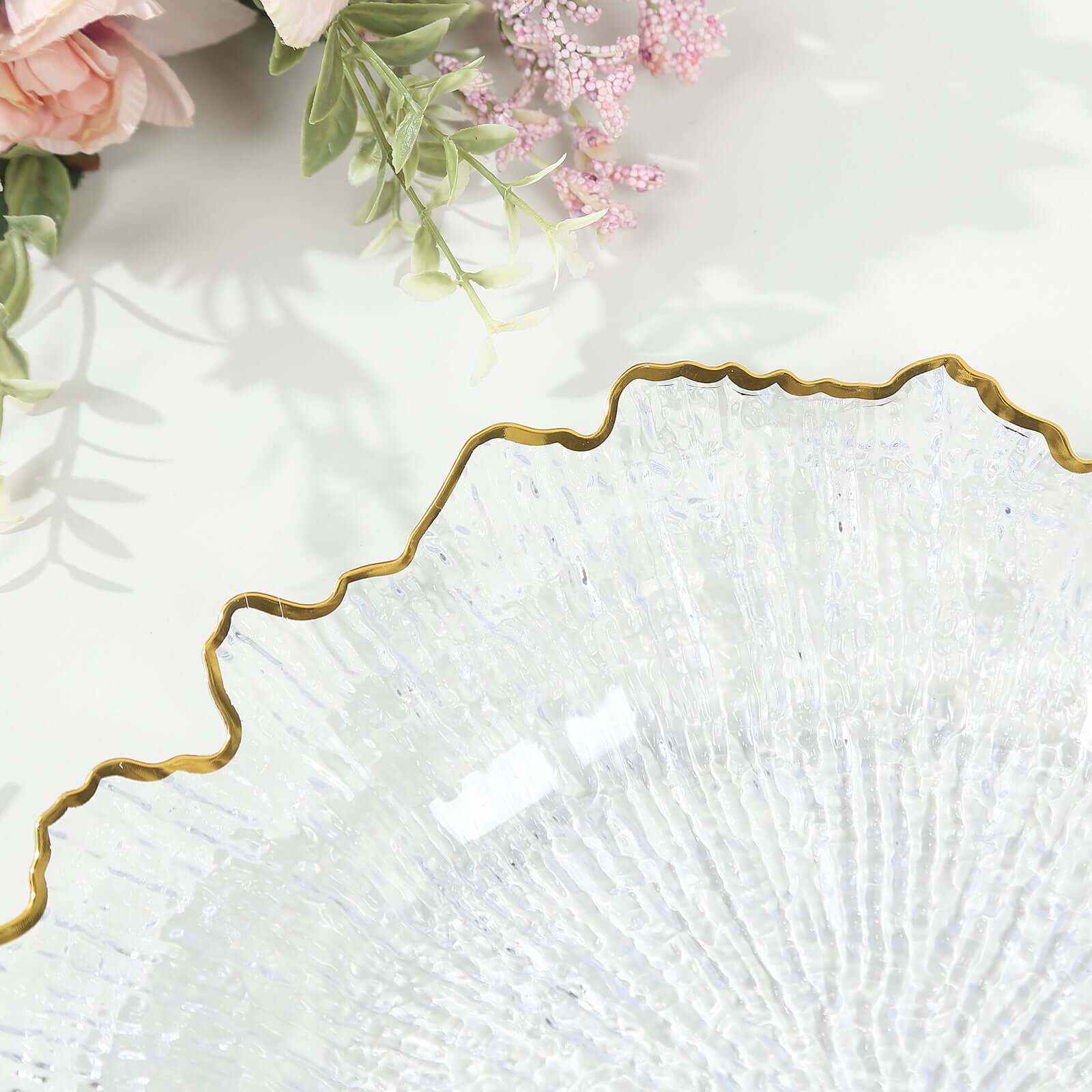 6-Pack Plastic Round Charger Plates 13" in Clear Reef Design with Gold Rim, Decorative Dinner Party Serving Plates
