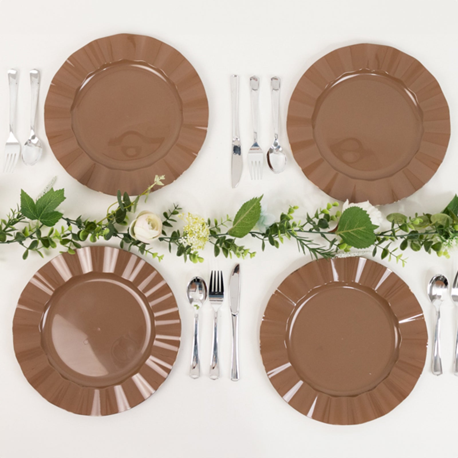 10-Pack Plastic 11" Round Dinner Plates in Coffee Brown Ruffled Rim with Gold Edging - Sturdy Disposable Dinnerware