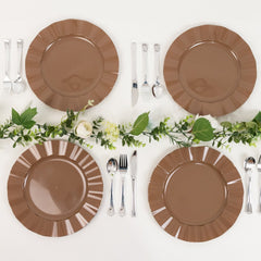 10-Pack Plastic 11" Round Dinner Plates in Coffee Brown Ruffled Rim with Gold Edging - Sturdy Disposable Dinnerware