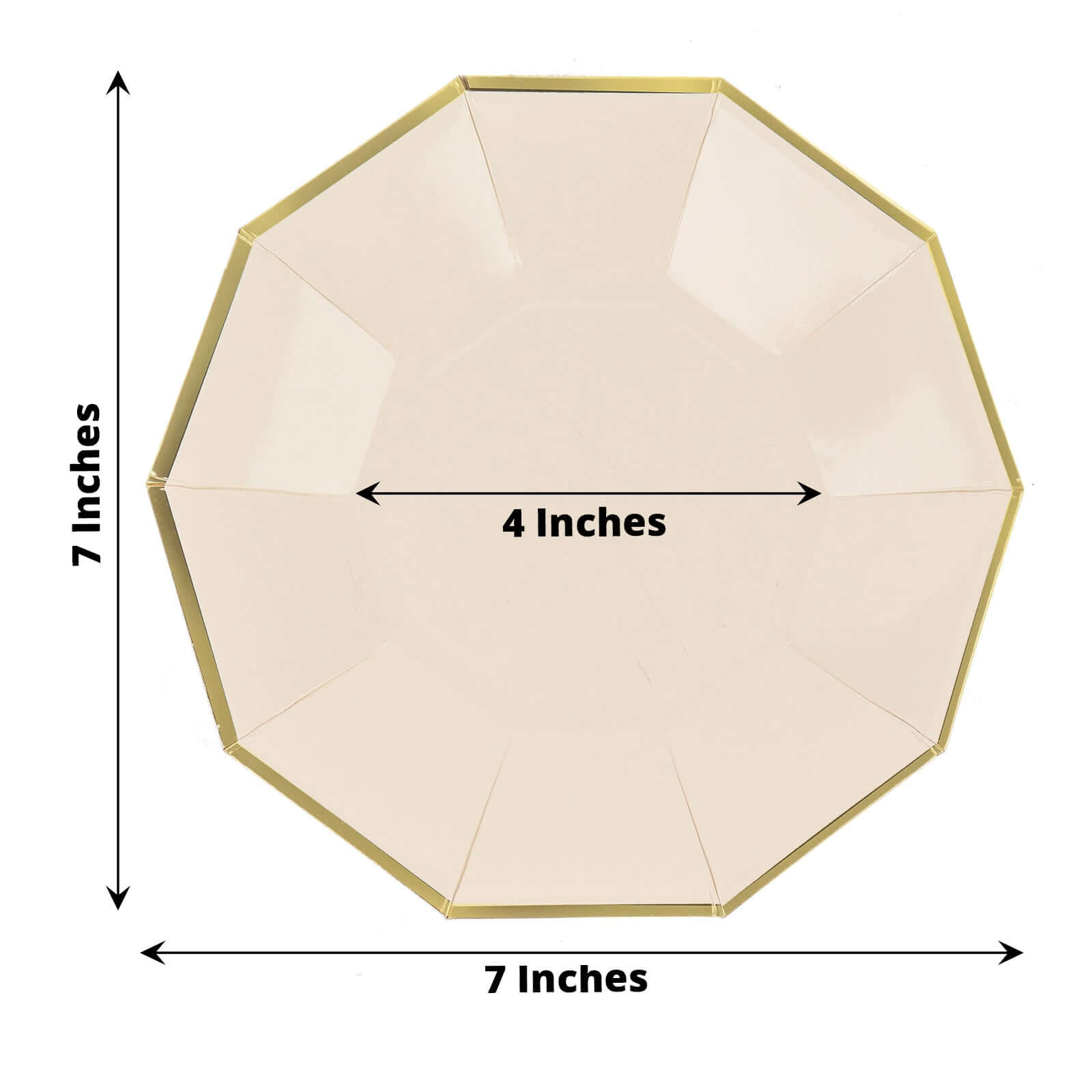 25-Pack Paper 7" Decagon Appetizer Plates in Beige with Gold Foil Rim