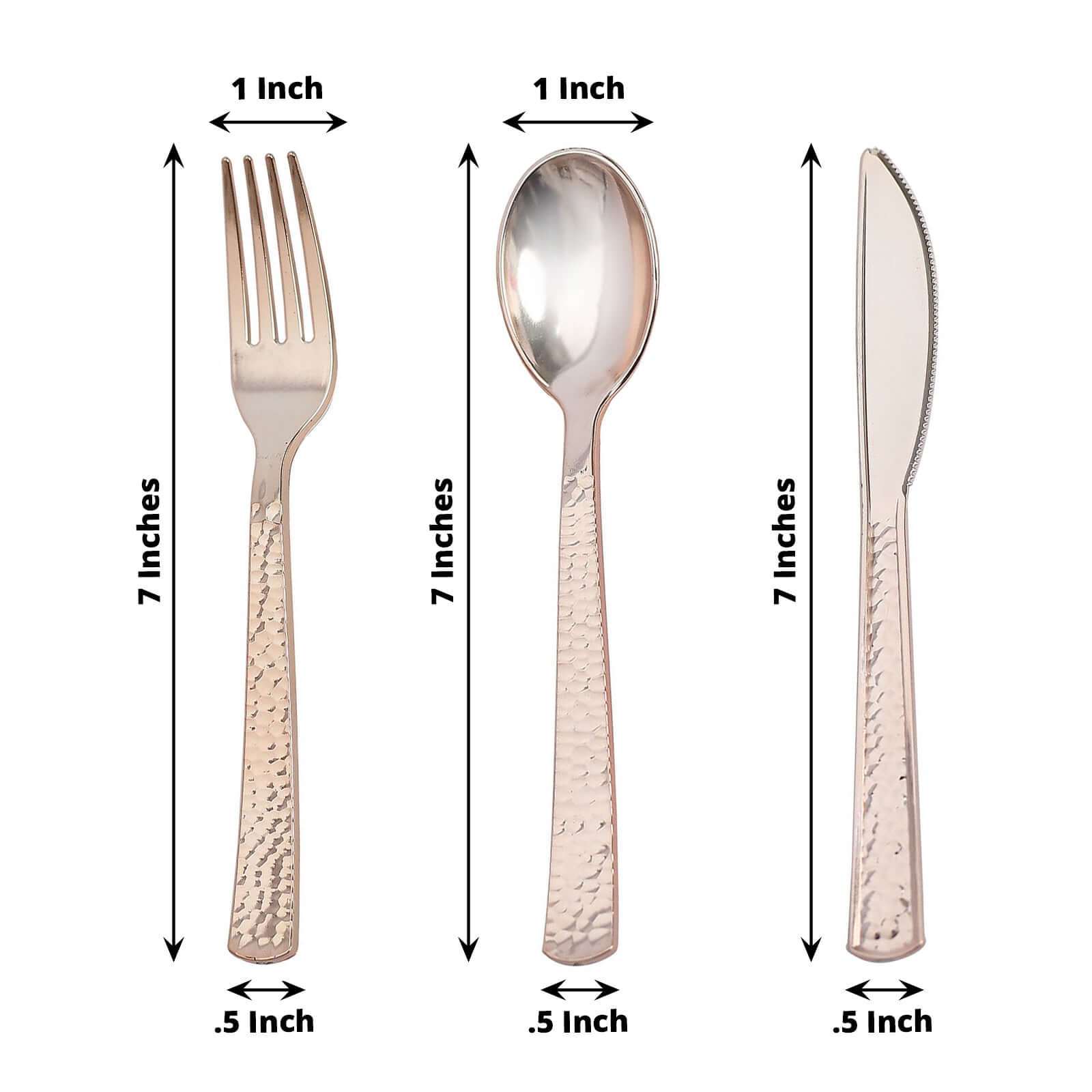 24-Pack Plastic Silverware Set with Hammered Design Rose Gold - Heavy Duty Disposable Utensils 7"
