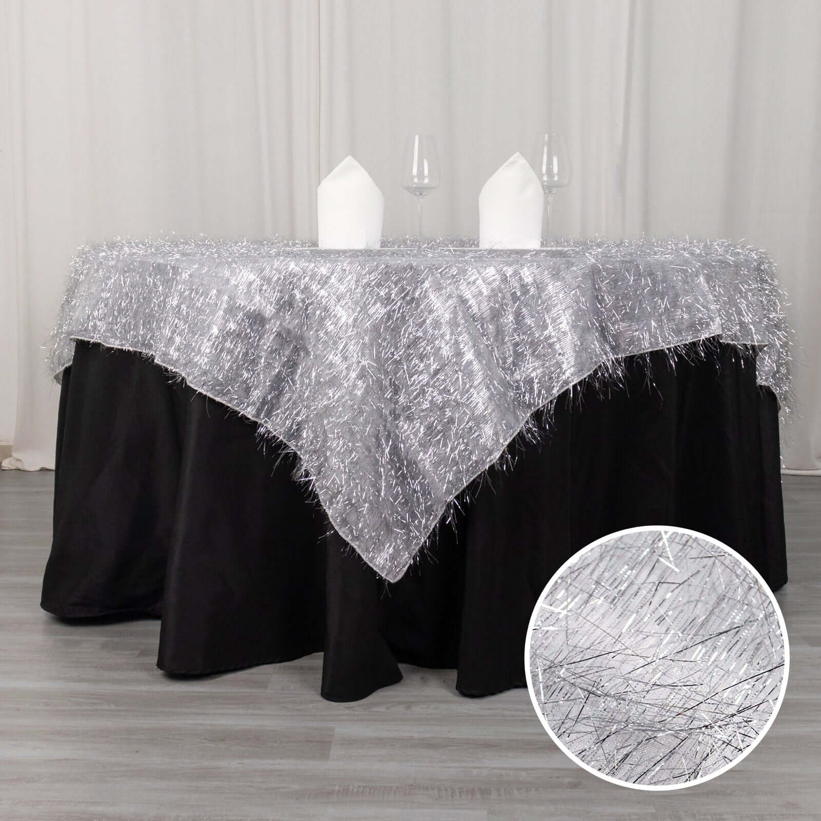 Polyester 72"x72" Table Overlay Square Tablecloth Silver - Metallic Fringe Shag Tinsel Table Cover