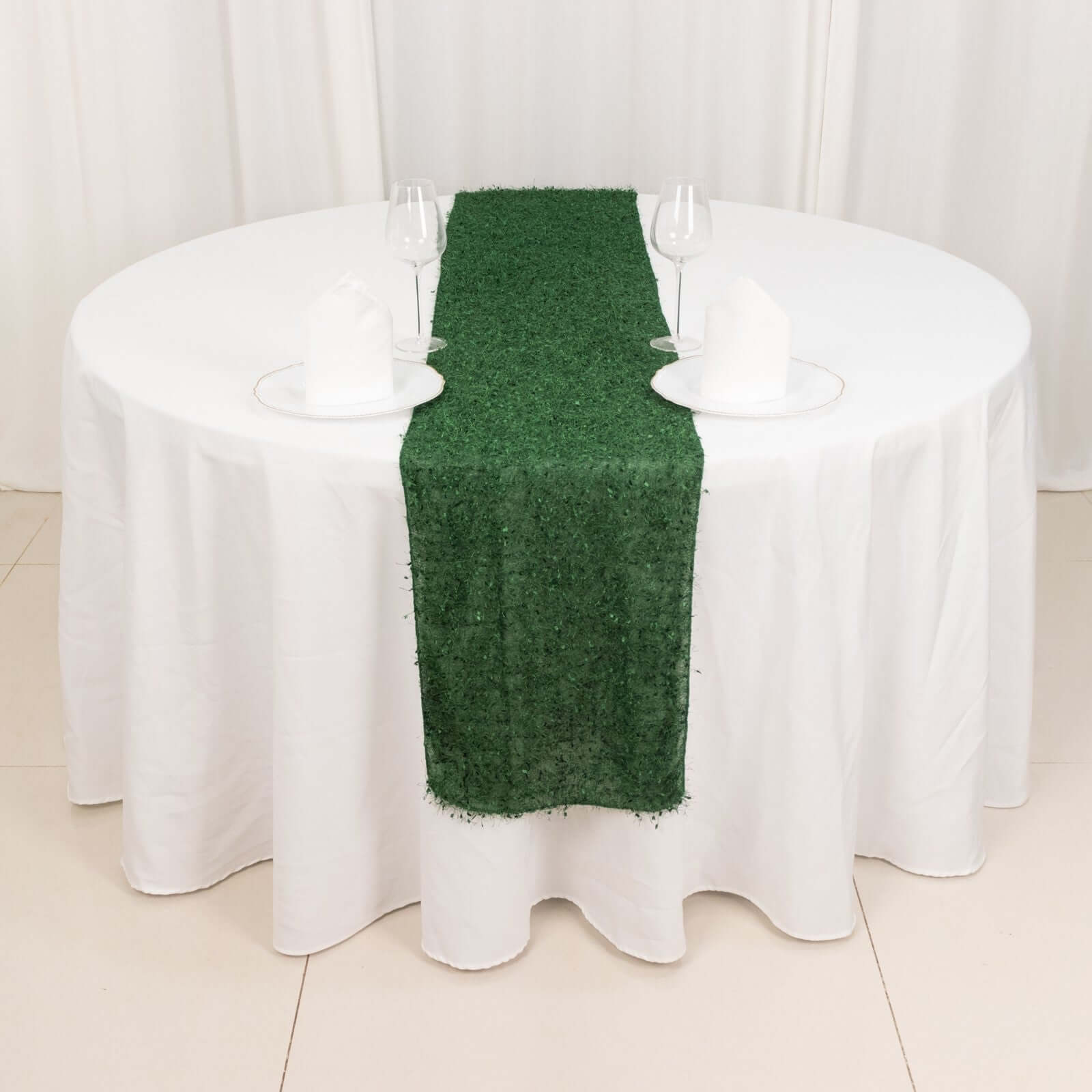 Polyester 12"x108" Table Runner Green - Fringe Shag Table Decor