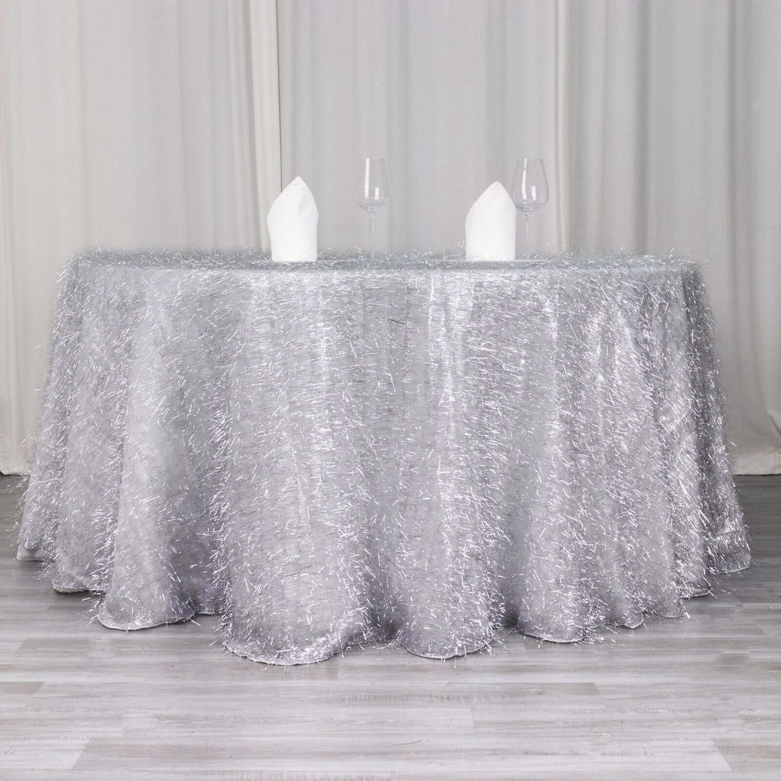 Polyester 120" Round Silver Tablecloth Metallic Fringe Shag Tinsel Table Cover