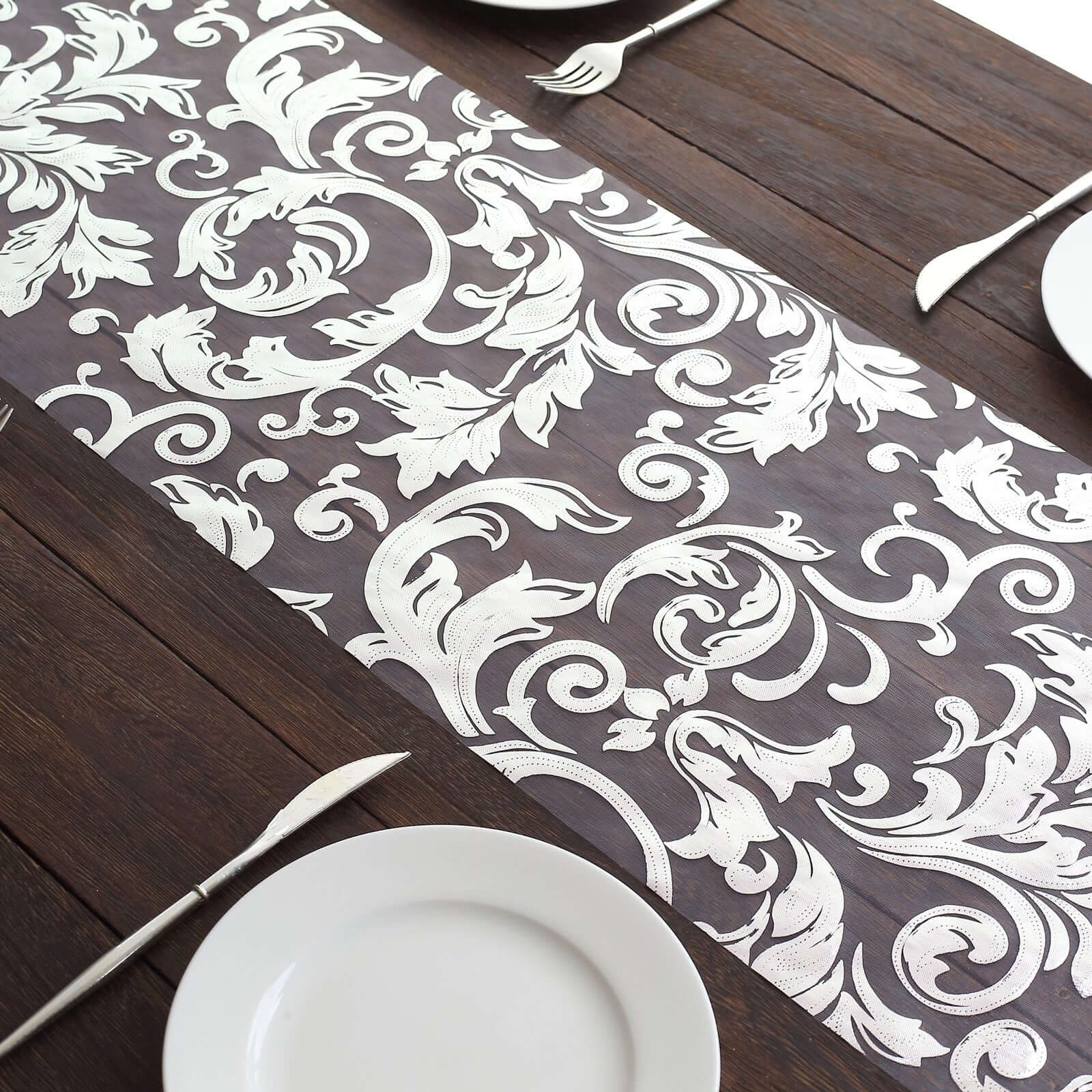 Sheer Organza 12"x108" Table Runner Roll Metallic Silver Foil Floral Swirl Design - Disposable Stylish Event Decoration
