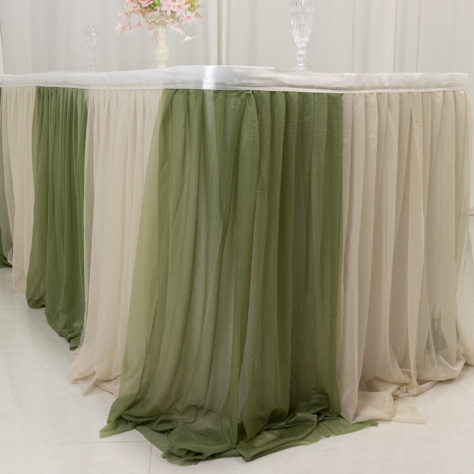 14ft Sheer Pleated Ruffle Skirting Chiffon Table Skirt - Dusty Sage Green and Beige, Shimmer Sheer, Wrinkle-Free Fabric