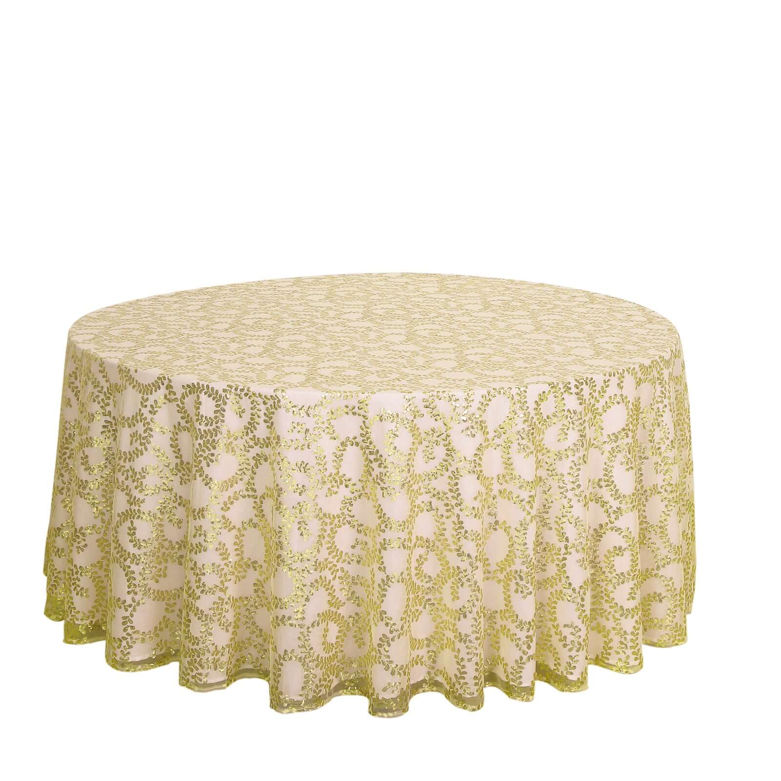 Tulle 120" Round Tablecloth Gold - Seamless Sequin Leaf Embroidered Design for Sophisticated Occasions