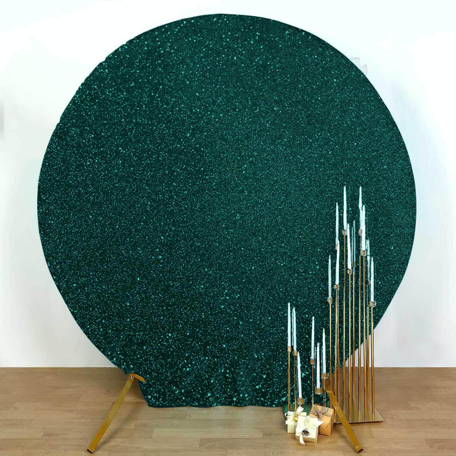 7.5ft Hunter Emerald Green Metallic Shimmer Tinsel Spandex Round Wedding Arch Cover, 2-Sided Photo Backdrop
