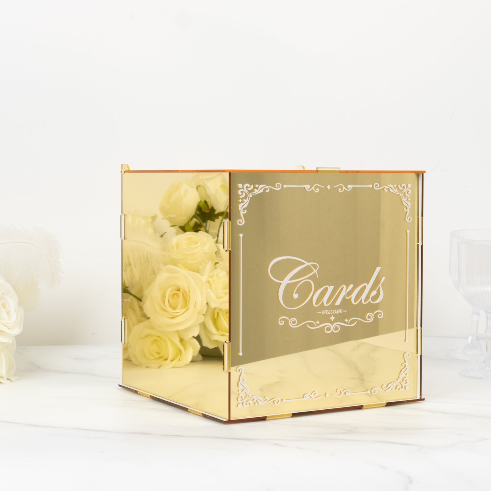 10" Gold Mirror Acrylic Wedding Card Box with Slot - Wishing Well Money Box for Reception, Graduation, and Events
