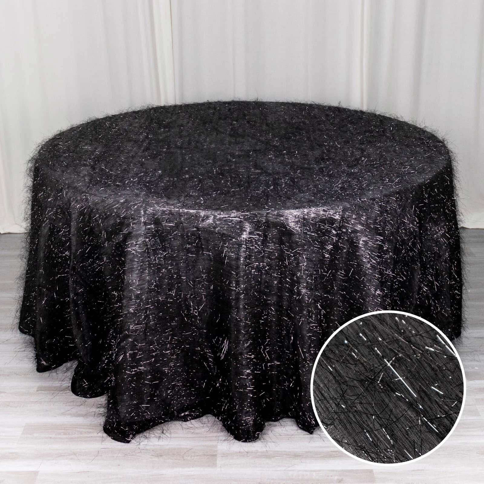 Polyester 120" Round Black Tablecloth Metallic Fringe Shag Tinsel Table Cover