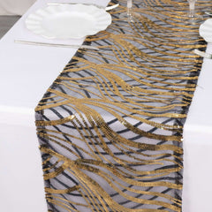 Sequin Mesh 12"x108" Table Runner Black Gold Stylish Wave Embroidery