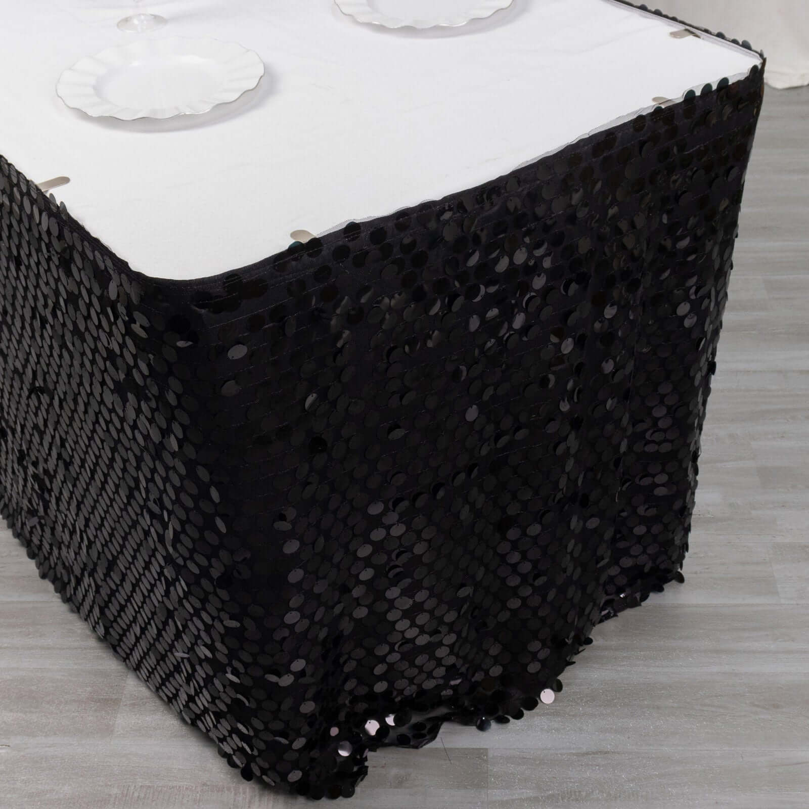 Payette Sequin 21ft Table Skirt Black - Dual Layered Satin Table Cover