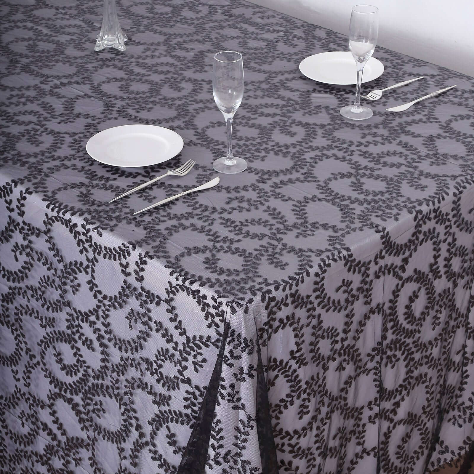 Tulle 90"x156" Rectangle Tablecloth Black - Sequin Leaf Embroidered Table Cover