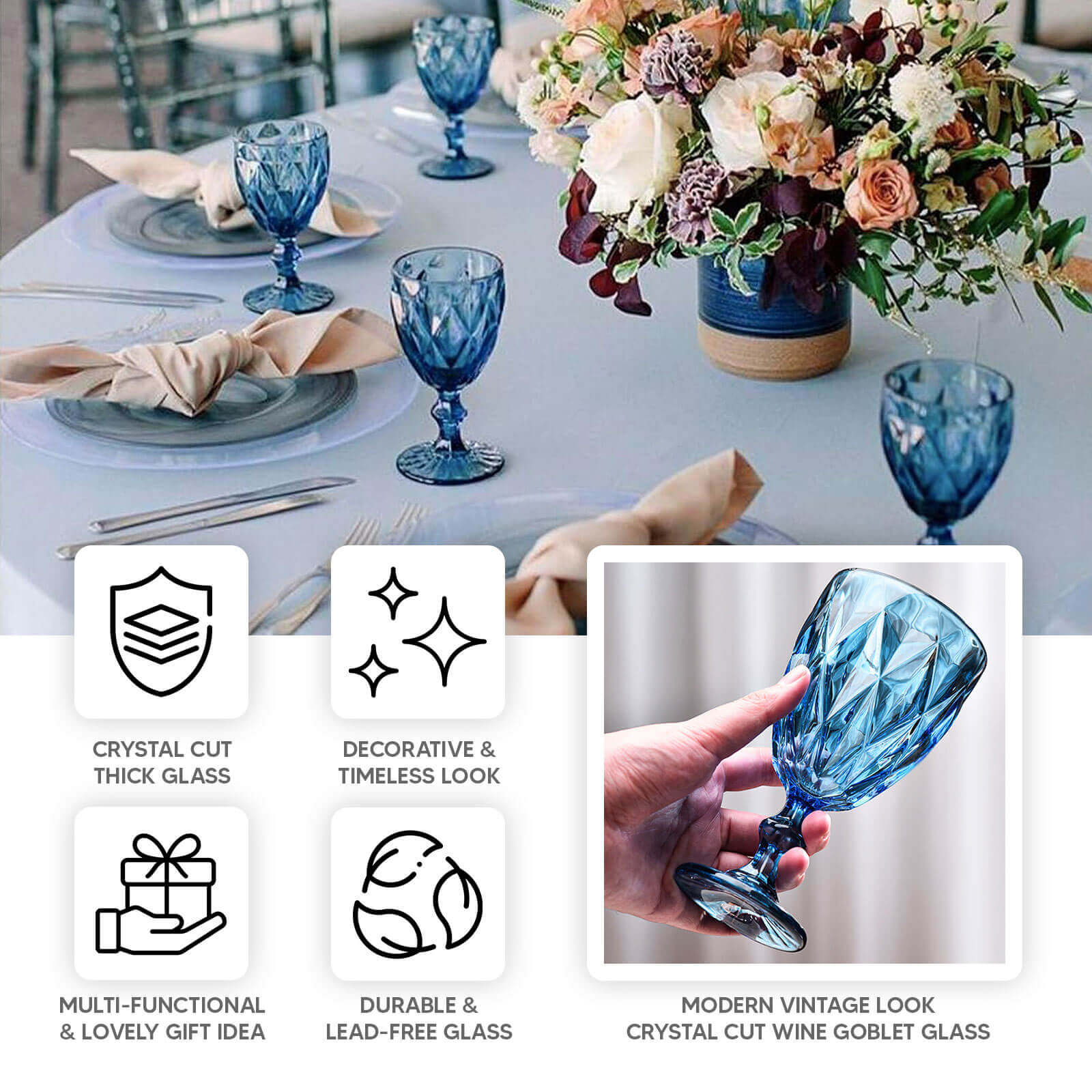 6-Pack Wine Glasses Ocean Blue Embossed Crystal Cut Design Stemmed - Colored Goblets for Parties & Events 12oz 7"