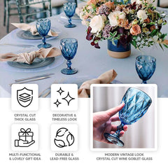6-Pack Wine Glasses Ocean Blue Embossed Crystal Cut Design Stemmed - Colored Goblets for Parties & Events 12oz 7"