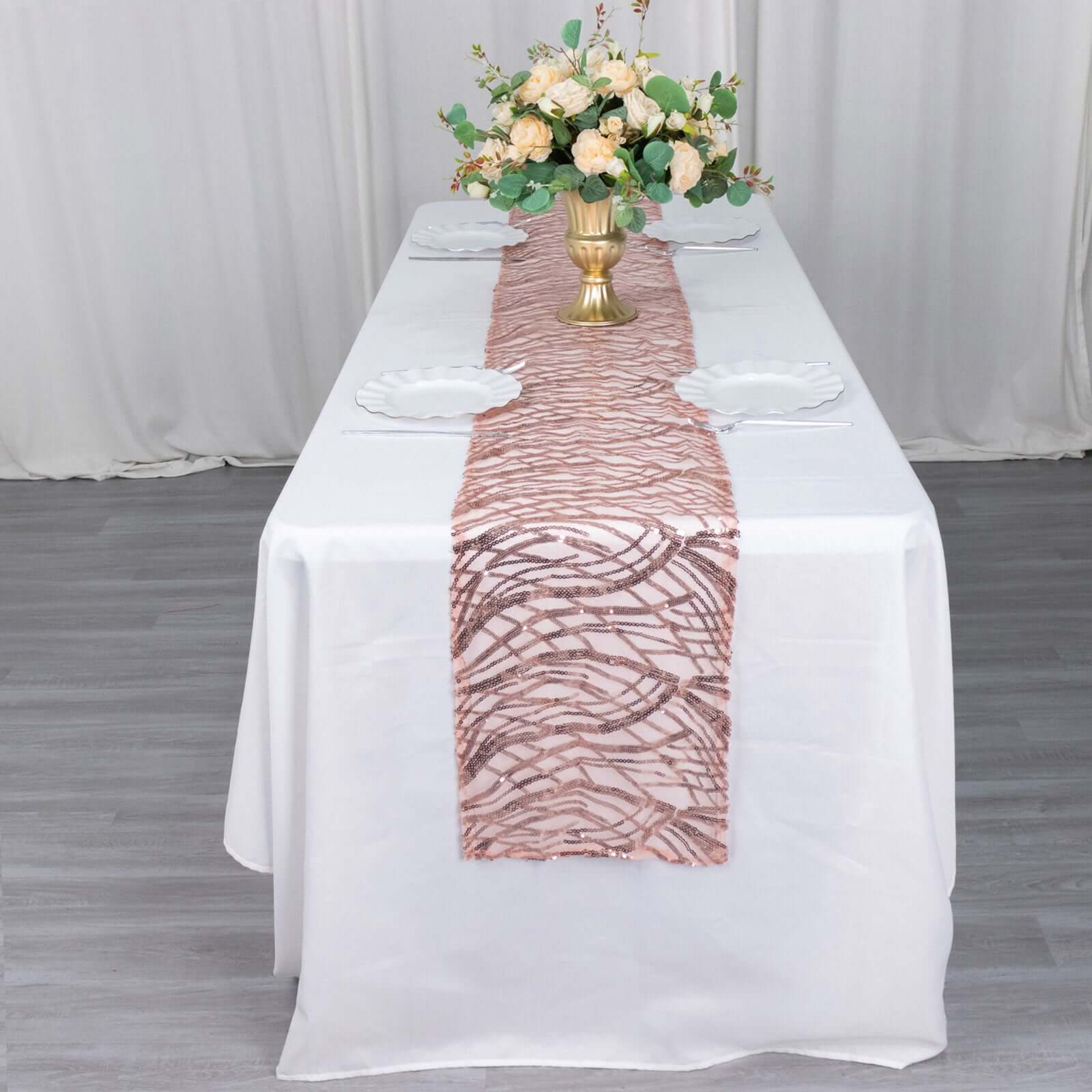 Sequin Mesh 12"x108" Table Runner Blush Stylish Wave Embroidery
