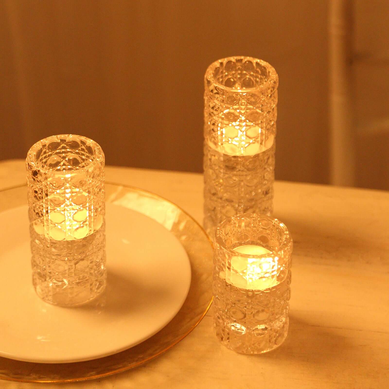 Set of 3 Glass Taper Candle Holders Clear with Gemstone Pattern - Dual Sided Crystal Cylinder Tealight Stands 3", 4", 5.5"