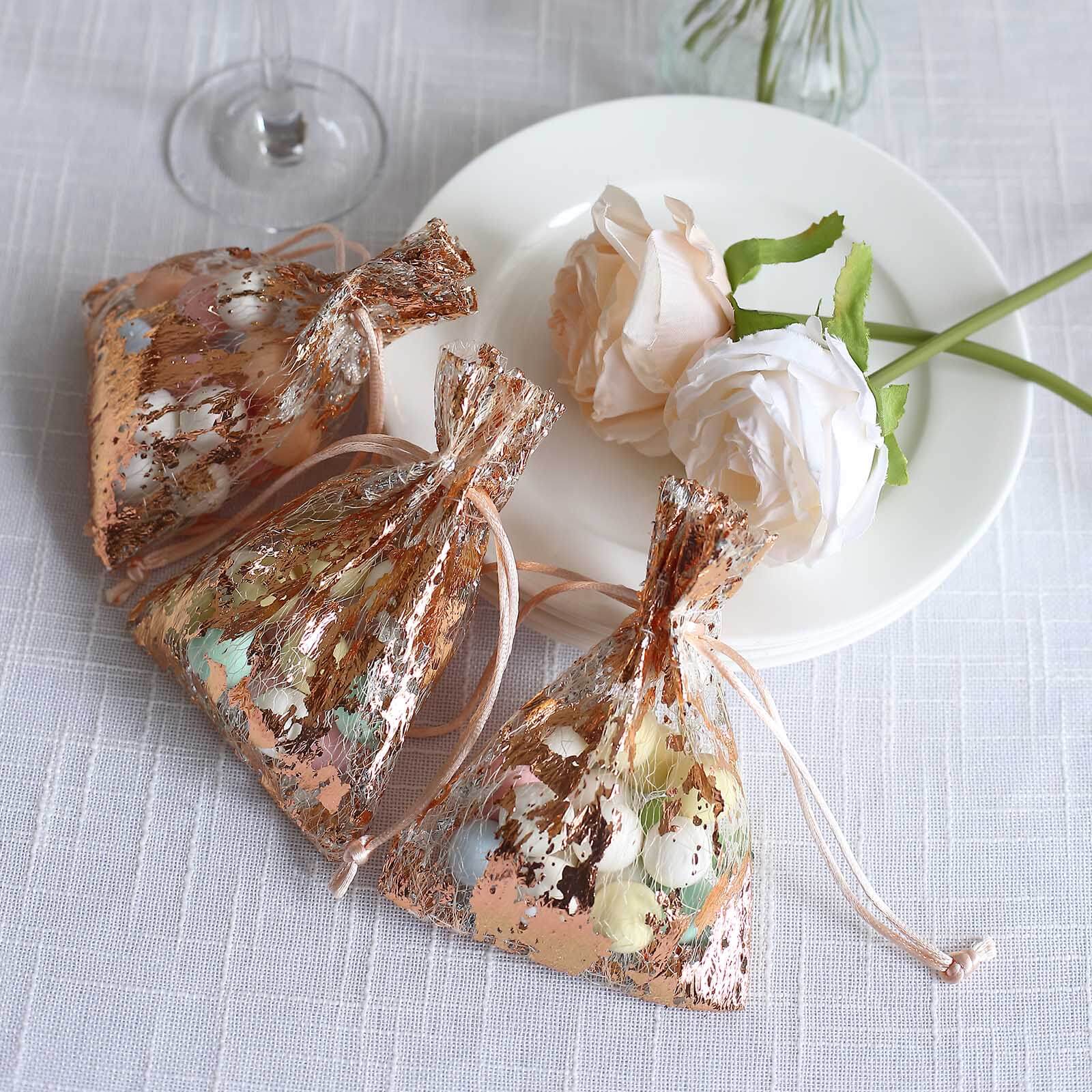12 Pack Metallic Rose Gold Foil Polyester Drawstring Candy Bags, Wedding Party Favor Bags - 4"x5"