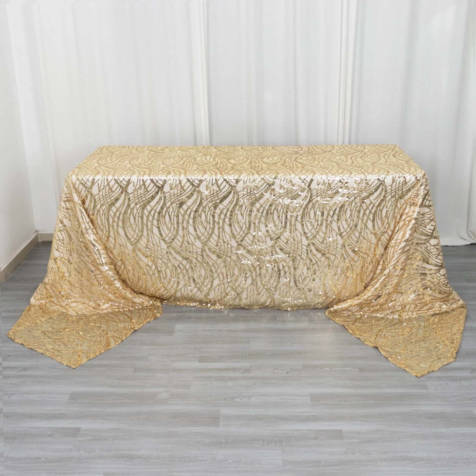 Mesh 90"x156" Rectangle Tablecloth Champagne - Wave Sequin Embroidered Table Cover
