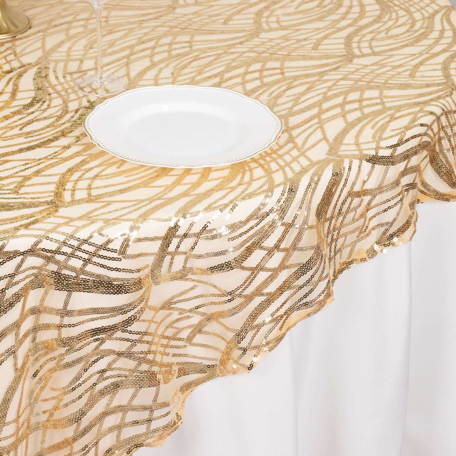 Mesh 72"x72" Table Overlay Square Tablecloth Champagne - Wave Embroidered Sequins Table Topper