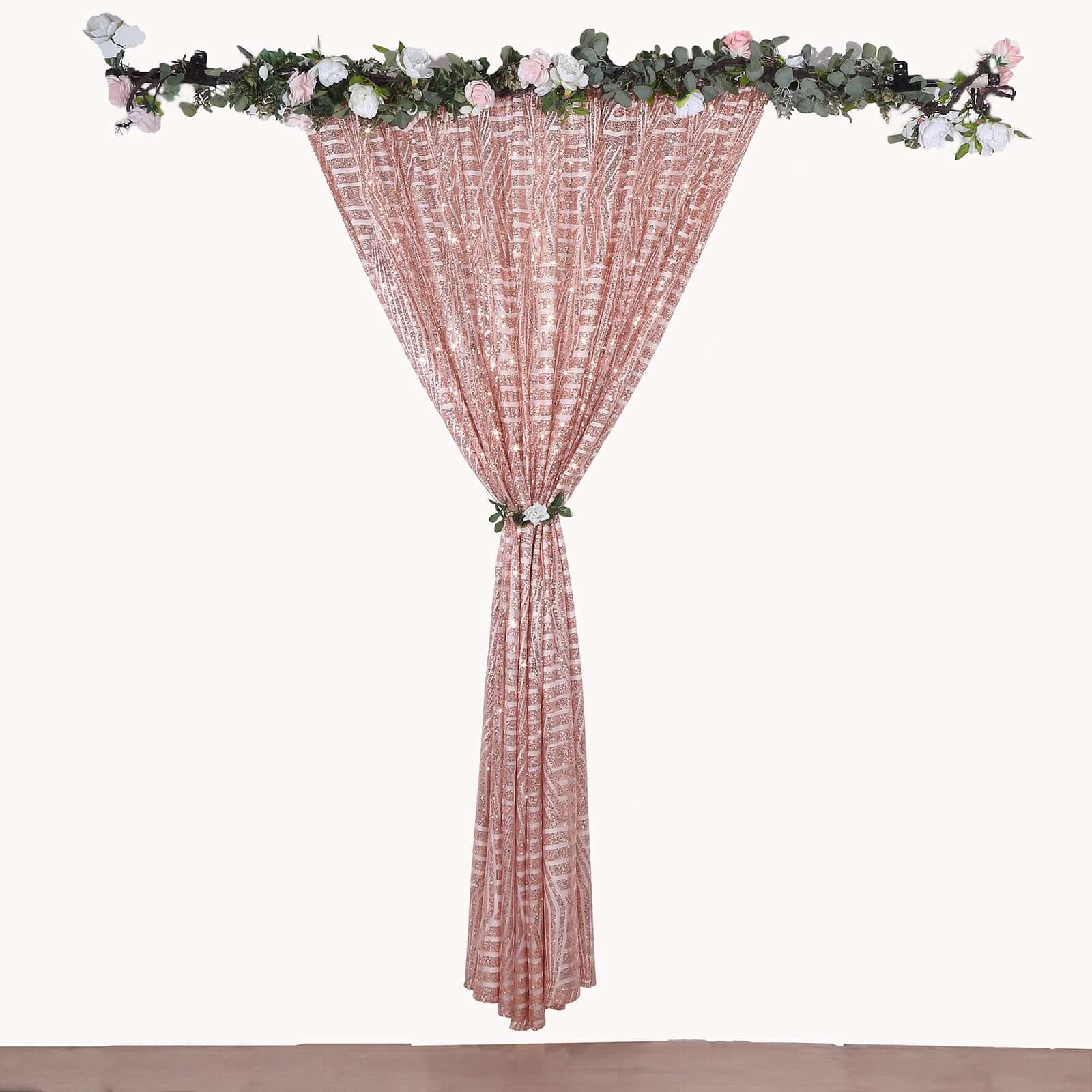 8ftx8ft Rose Gold Geometric Sequin Event Curtain Drapes with Satin Backing, Seamless Opaque Sparkly Backdrop Event Panel in Diamond Glitz Pattern