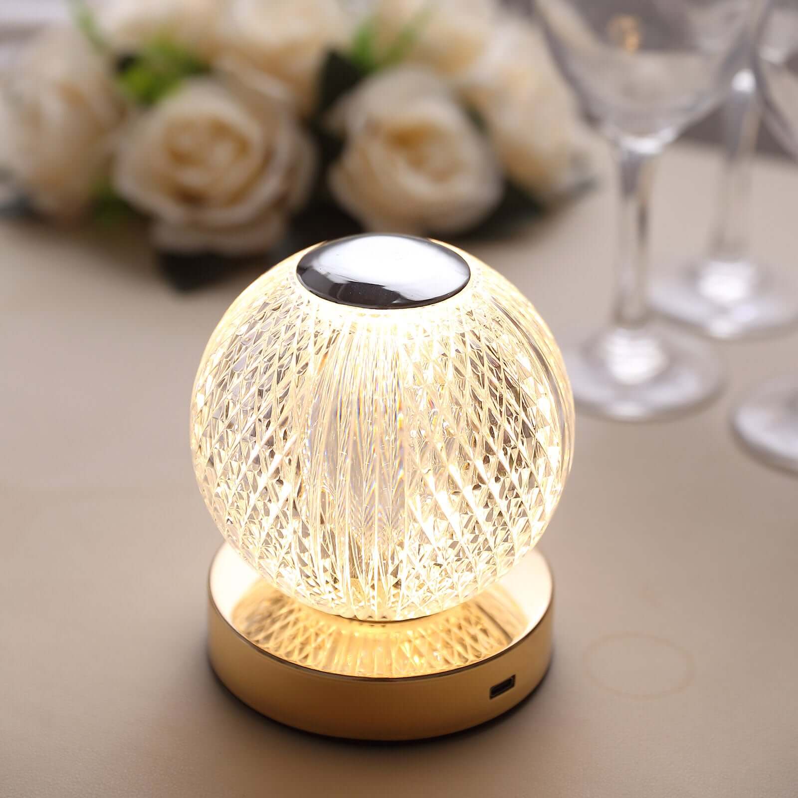 Acrylic LED Table Lamp Diamond Cut Ball Design Rechargeable - Dimmable Touch Control Decorative Night Light 5"