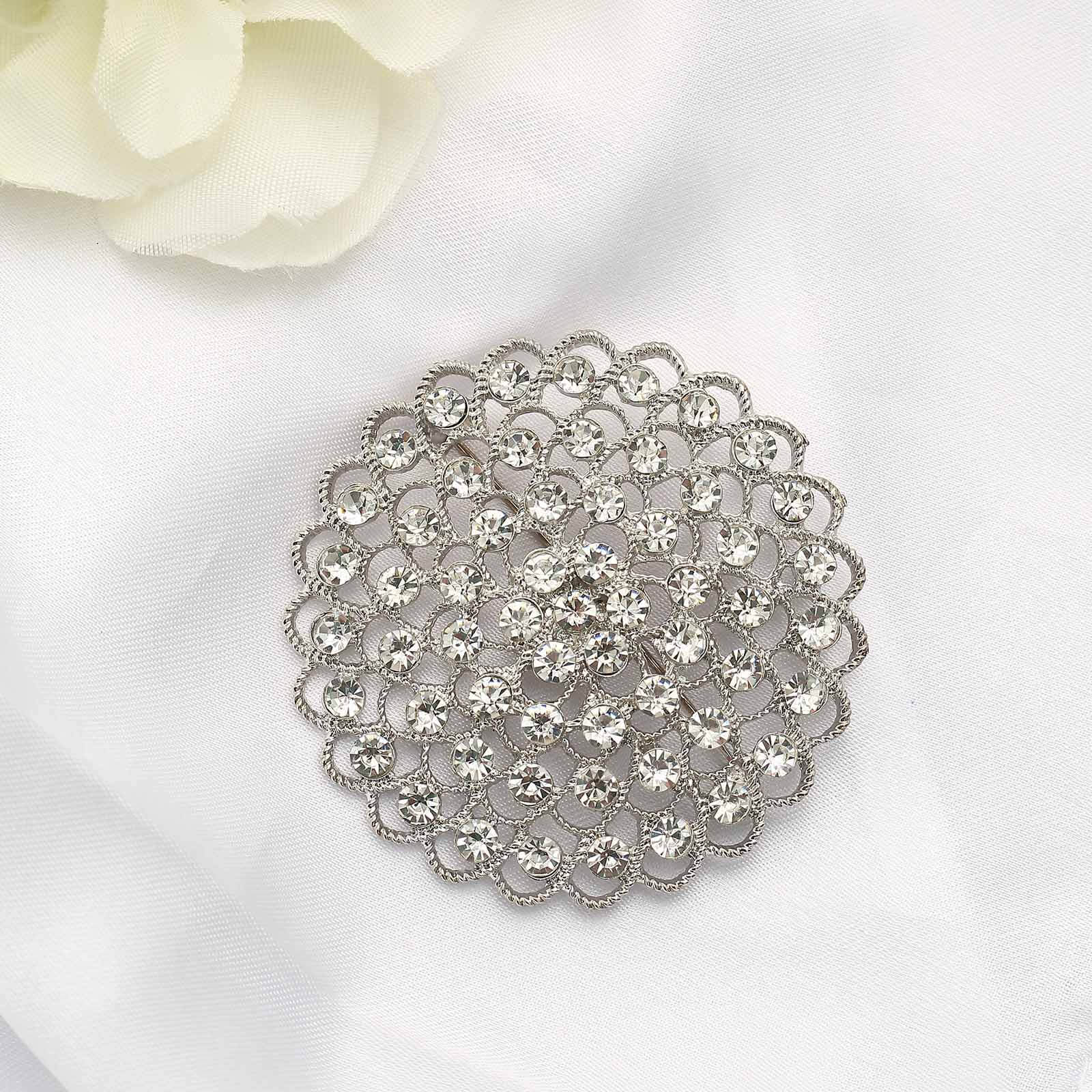 Rhinestone Metal Flower Chair Sash Band Buckle Silver - Glittering Diamond Accent 3"