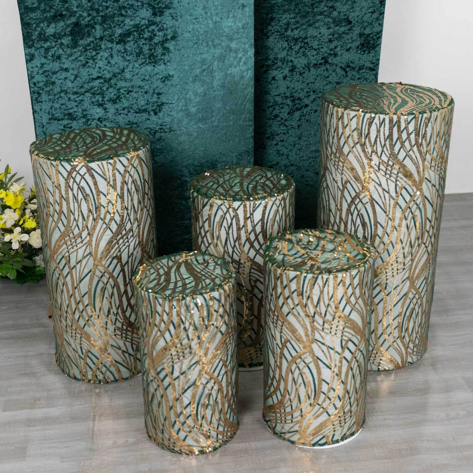 Set of 5 Hunter Green Wave Mesh Cylinder Pedestal Stand Covers with Embroidered Sequins, Emerald Pillar Prop Covers - 160 GSM