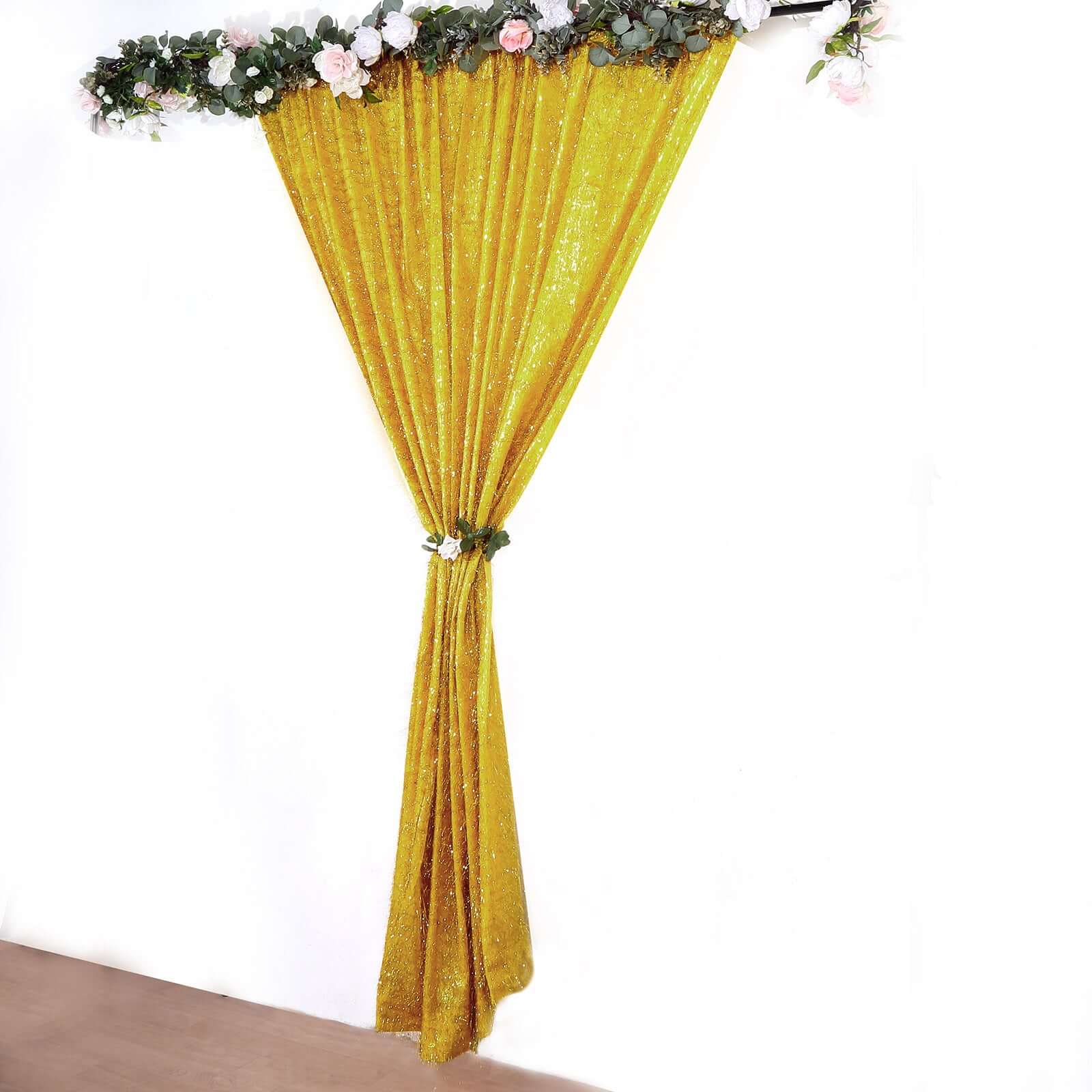 8ft Gold Metallic Fringe Shag Event Drapery Panel, Shimmery Tinsel Polyester Divider Backdrop Curtain