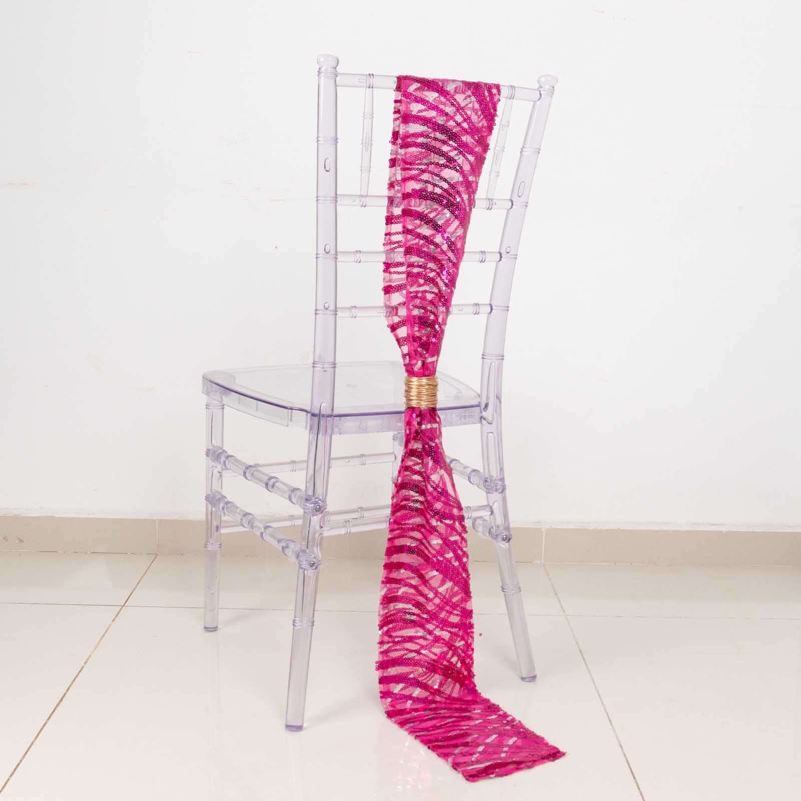 5 Pack Chair Sashes with Wave Embroidered Sequins Fuchsia/Silver 6"x88"