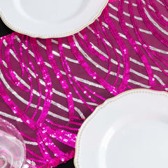 Sequin Mesh 12"x108" Table Runner Fuchsia Stylish Wave Embroidery