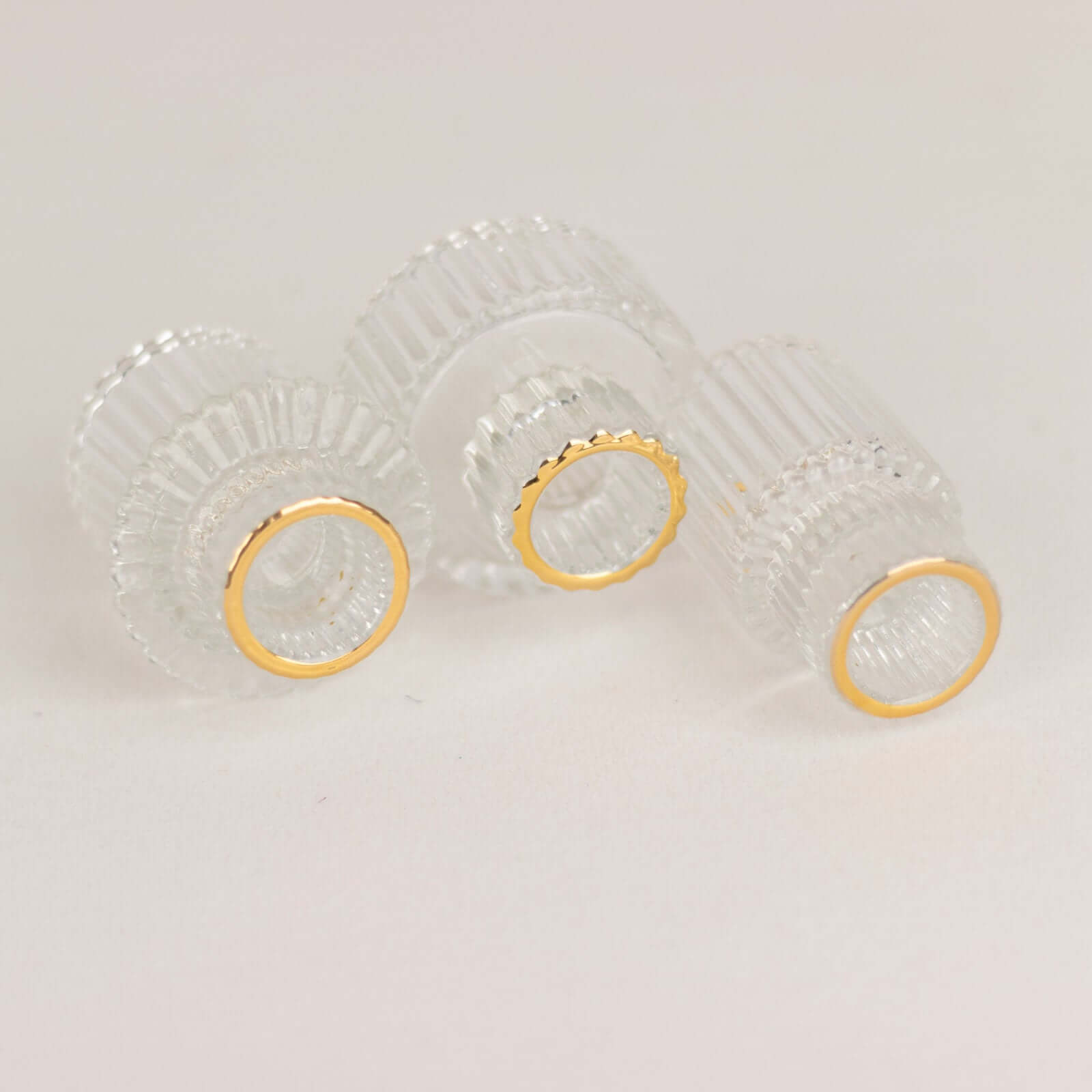 Set of 6 Glass Taper Candle Holders Ribbed Crystal Design with Gold Rim Clear - Reversible Mini Votive Tealight Stands 3"